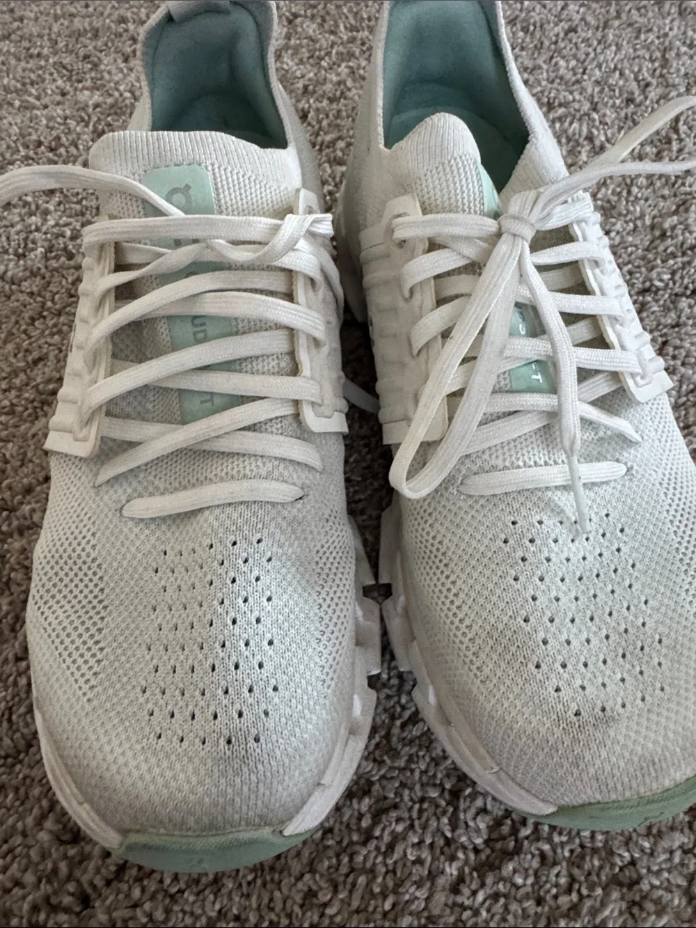On Running White Knit Sneakers with Mint Insoles
